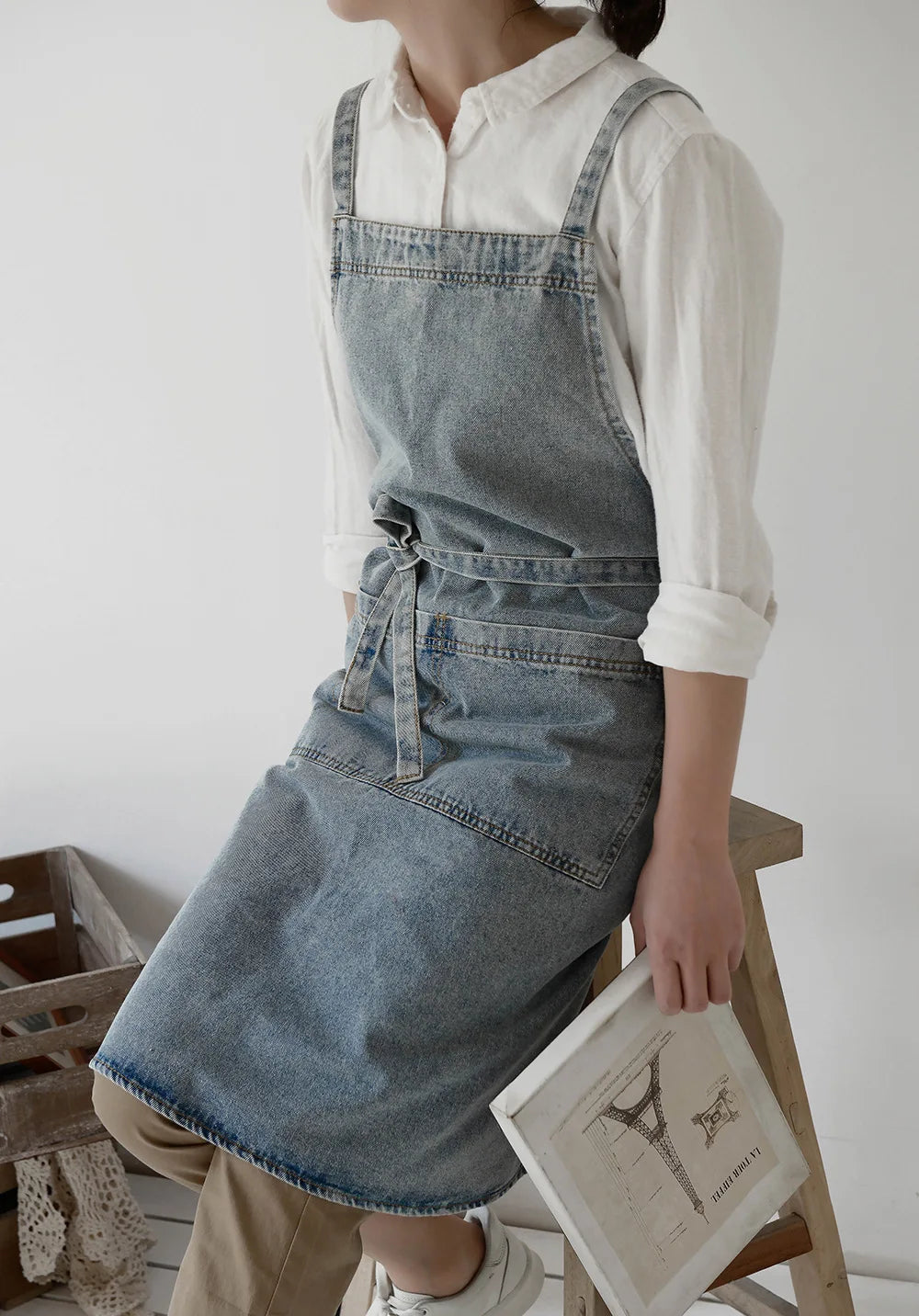 Denim Apron Cotton Korean Canvas Antifouling Home Cleaning Kitchen Cooking Work Clothes Barber Apron Leisure Gardening Baking