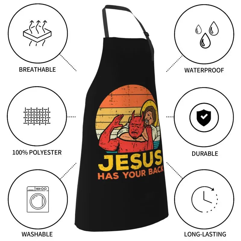 Jesus Has Your Back Jiu Jitsu Retro Christian Apron Waterproof Stain Resistant Apron with 2 Pockets for Cooking BBQ Painting