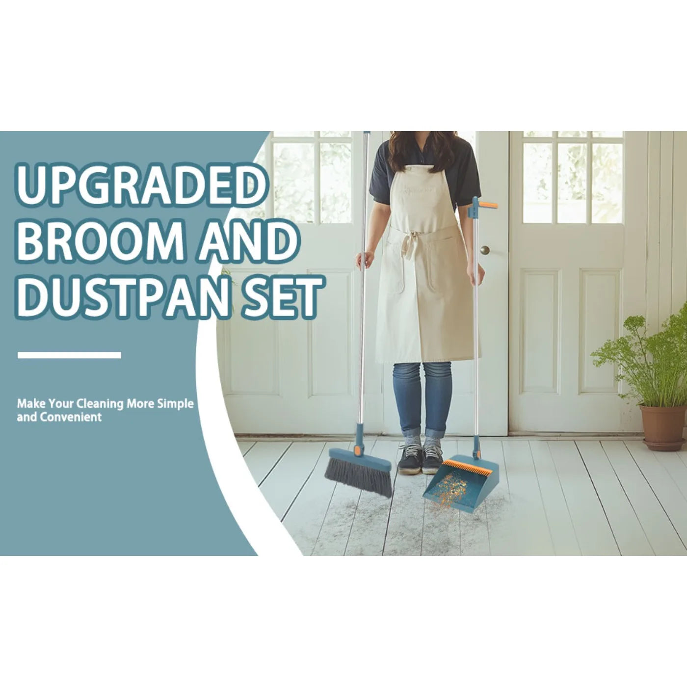 Broom and Dustpan Combo Set, Long Handled Adjustable Broom and Dustpan Set for Sweeping Home,Indoor Kitchen, Office Lobby Floor