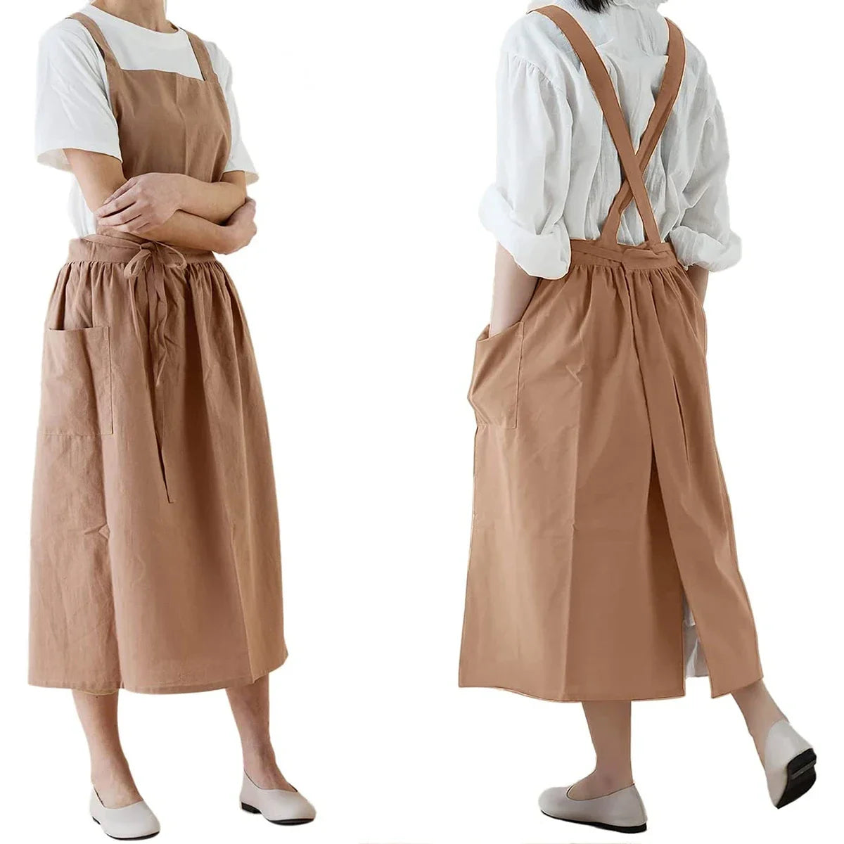 Brief Nordic Wind Pleated Skirt Cotton Linen Apron Women Girls Vintage Apron Gardening Works Cross Back Pinafore Dress