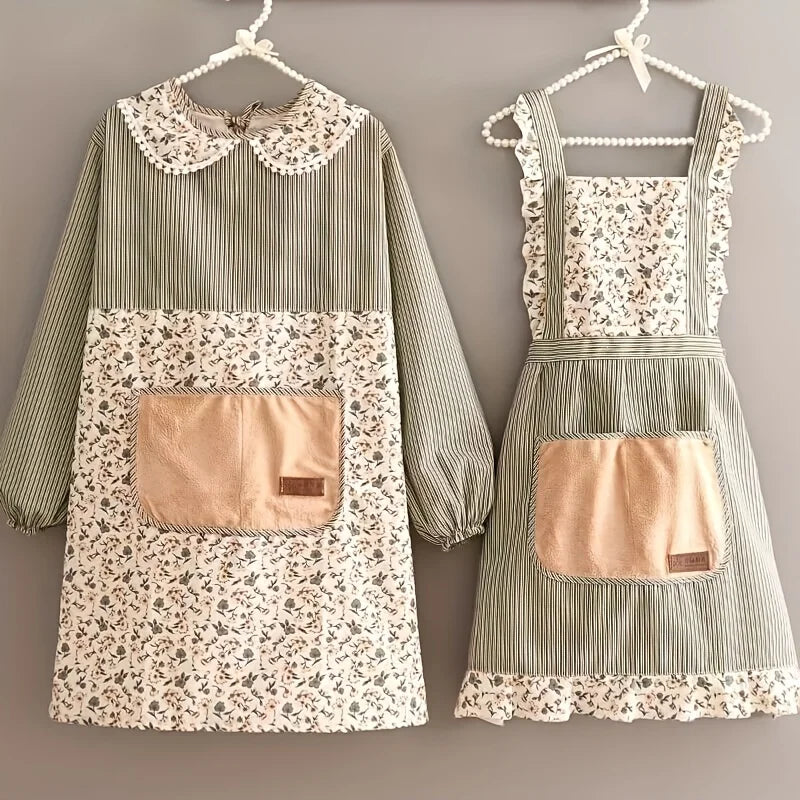 Cotton Apron Canvas Cover Up Women's New Breathable Long Sleeve Apron Kitchen Household Stain Resistant Dirty Work Clothes