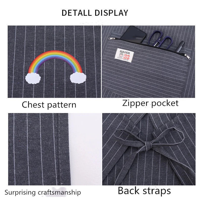 Kitchen Oil Resistant Aprons Striped Zippered Cotton Apron With Straps Breathable Apron Women's Dirt Resistant Work Clothes