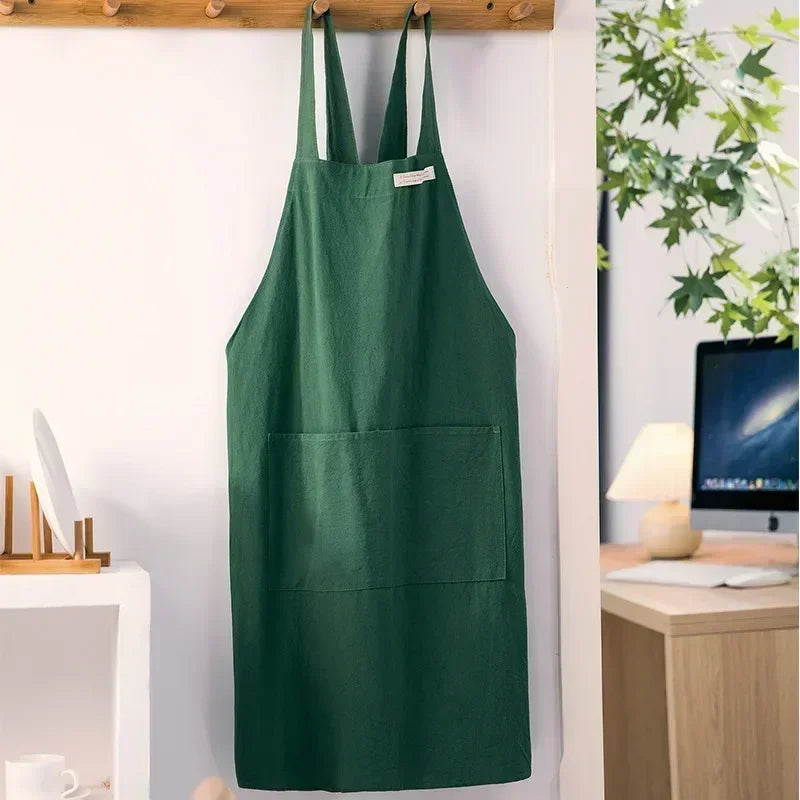Women Japanese and Korean simple apron denim apron cotton and linen solid color blouse kitchen Florist coffee shop apron