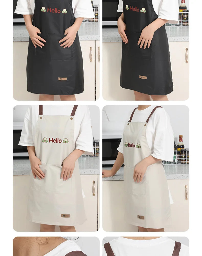 Hello Letter Printed Waterproof Apron Kitchen Cooking Home Large Pocket Storage Baking Shoulder Aprons Hotel Specific Practical