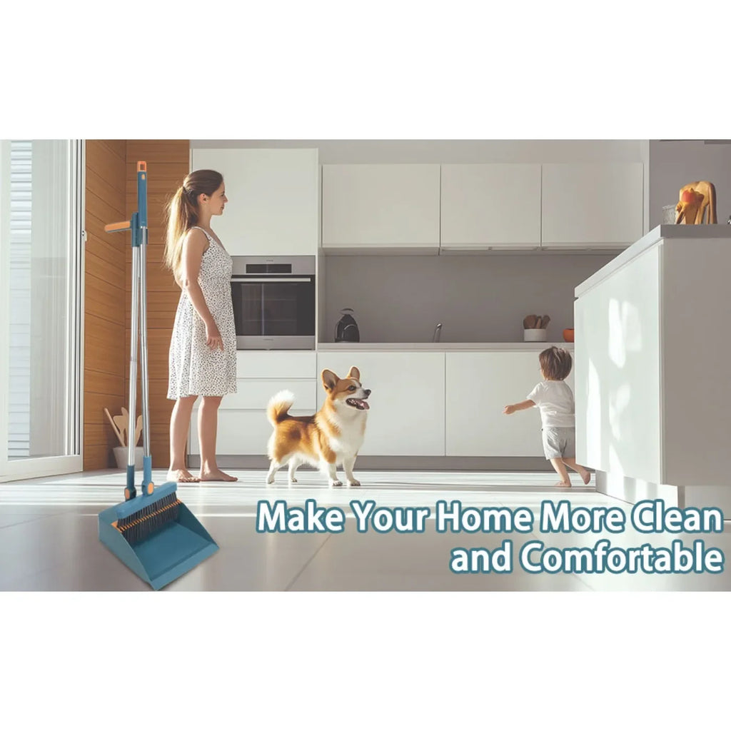 Broom and Dustpan Combo Set, Long Handled Adjustable Broom and Dustpan Set for Sweeping Home,Indoor Kitchen, Office Lobby Floor