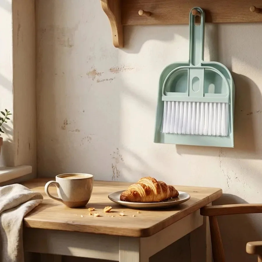 Mini Plastic Broom & Dustpan Set | Covered Desktop Cleaning Brush | Office Home Countertop Tidy Tool