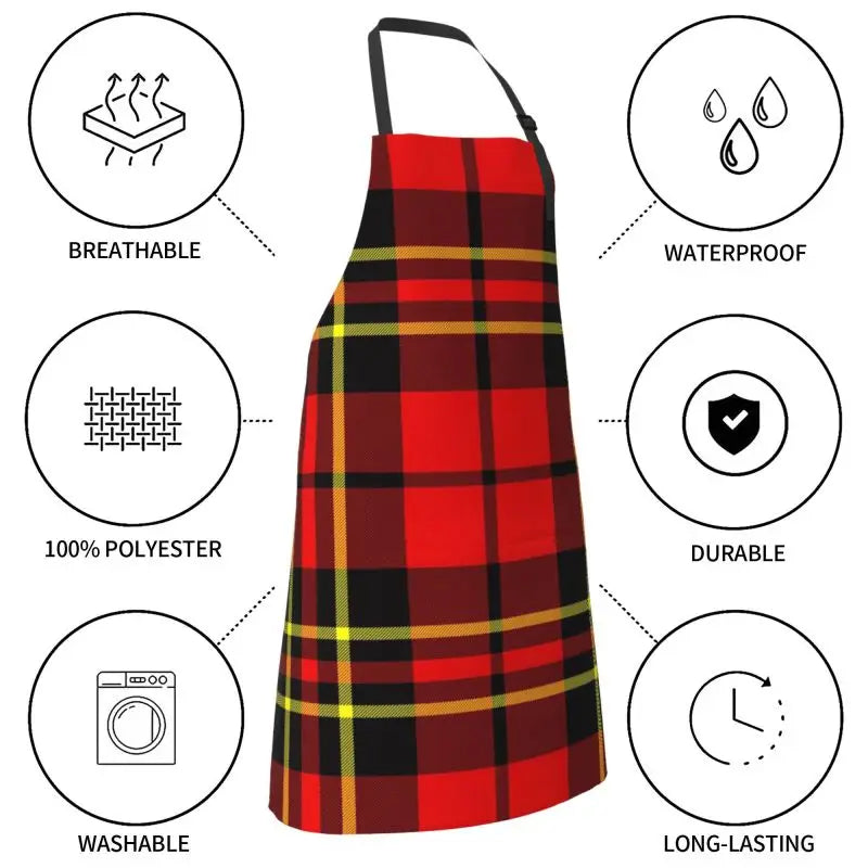 Red Black Tartan Check Scottish Pattern Apron Adjustable Bib Aprons Cooking Chef Apron for Home Kitchen Restaurant Coffee House