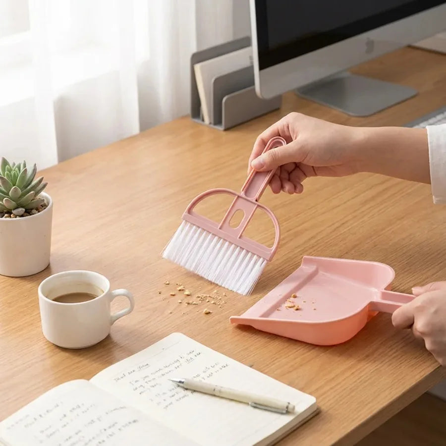 Plastic Mini Broom and Dustpan Set, Desktop Cleaning Brush with Dust Cover for Home & Office, Pink