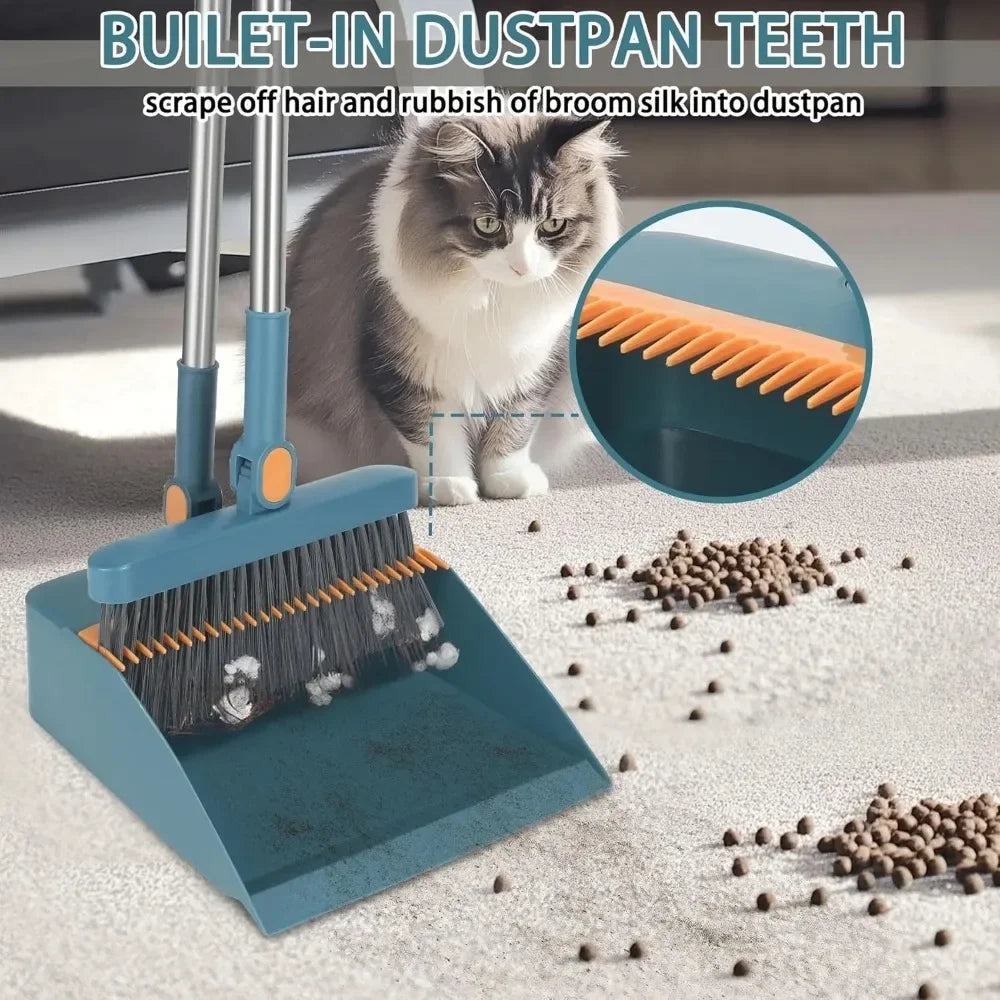 Broom and Dustpan Combo Set, Long Handled Adjustable Broom and Dustpan Set for Sweeping Home,Indoor Kitchen, Office Lobby Floor