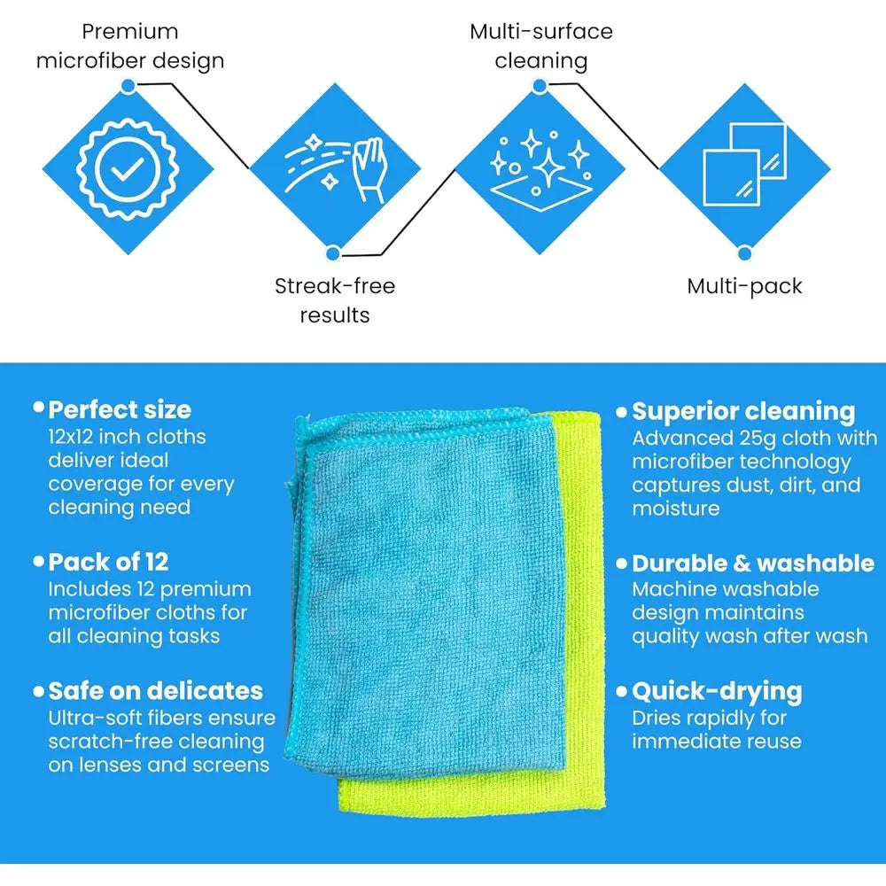 Cleaning Cloth 12 Pack - 12 x 12 inches - Rags or Cleaning House Streak-free Wipes or Sns, Dusting & Appliances - Premium Microf