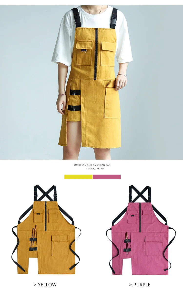 Fashion Apron Kitchen Restaurant Barber Bakery Cake Shop Canvas Overalls Flower Shop Black White Man Woman Multifunction Apron