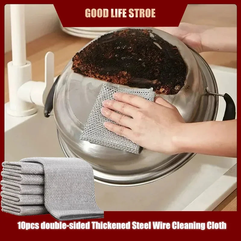 10pcs double-sided Thickened Steel Wire Cleaning Cloth  Magic Dishcloth Non-Scratch Washing Pot Rags Kitchen Cloth Wire Ball Rag