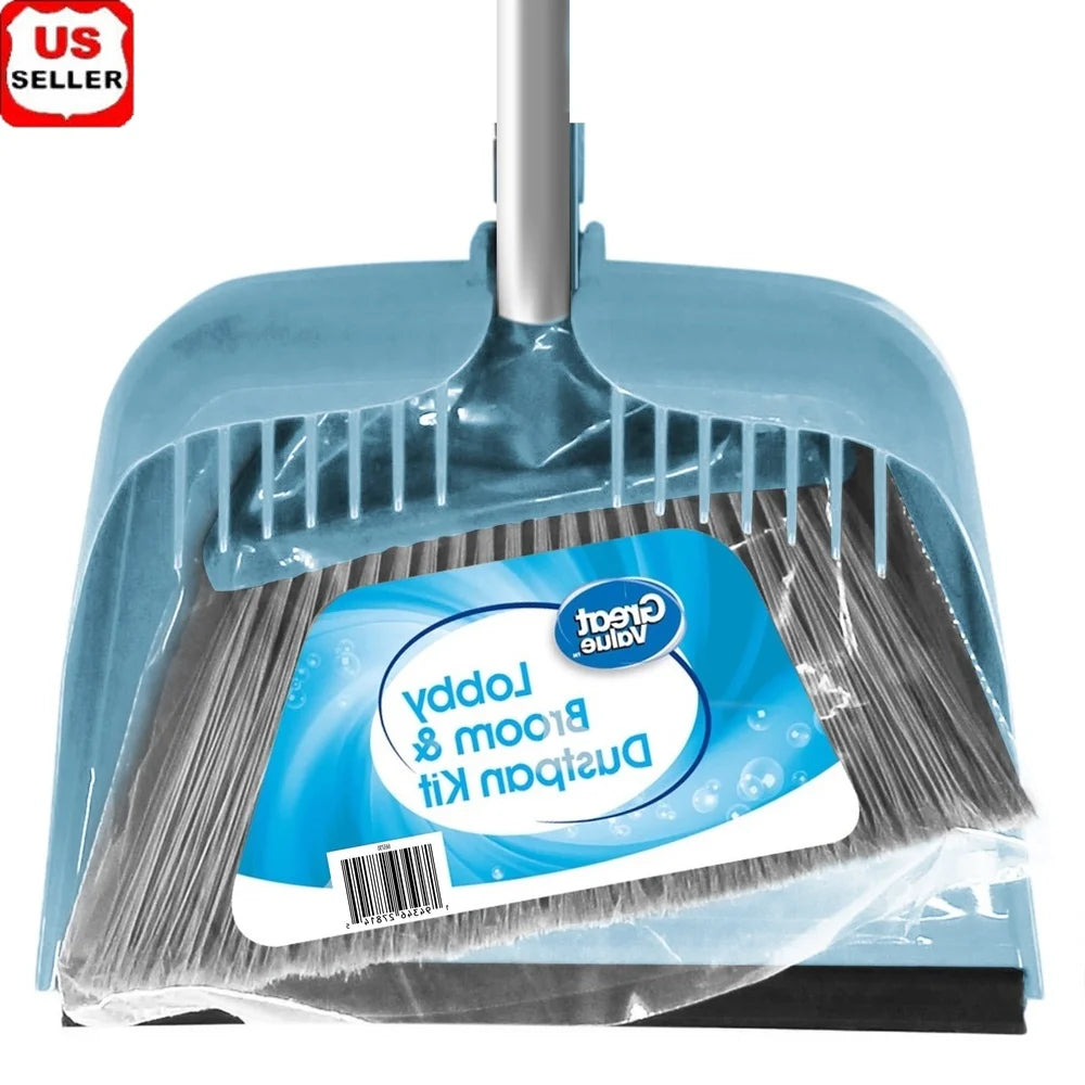 Lobby Broom Dustpan Set Long Handle Easy Clean Compact Durable Rubber Lipped Pan Integrated Comb Perfect Home Office