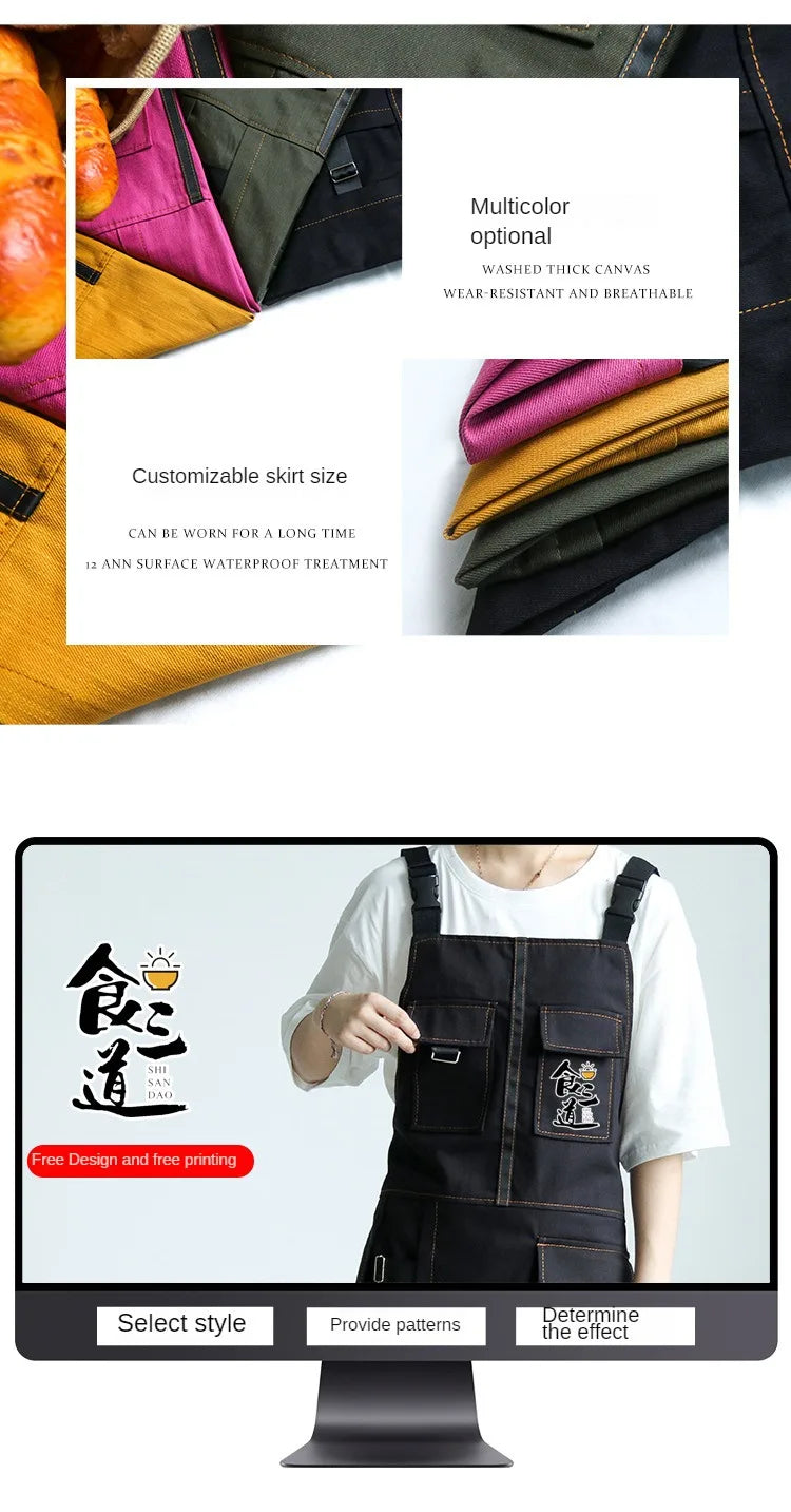 Fashion Apron Kitchen Restaurant Barber Bakery Cake Shop Canvas Overalls Flower Shop Black White Man Woman Multifunction Apron