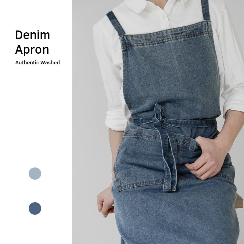 Denim Apron Cotton Korean Canvas Antifouling Home Cleaning Kitchen Cooking Work Clothes Barber Apron Leisure Gardening Baking