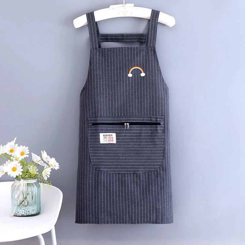 Kitchen Oil Resistant Aprons Striped Zippered Cotton Apron With Straps Breathable Apron Women's Dirt Resistant Work Clothes