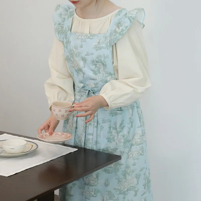 Long Print Water-resistant Cotton Ruffled Kitchen Apron with Pockets for Women Cross-back Pinafore for Cooking Baking Gardening