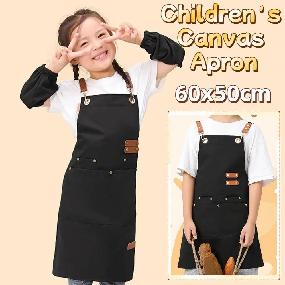 Minimalist Children's Canvas Apron Lightweight Solid Color Cooking Apron Adjustable Oil-proof Chef Costume Baking
