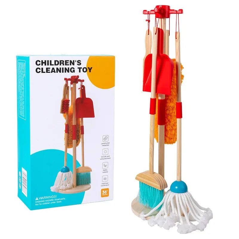 Montessori Wooden Cleaning Set Toy Broom Mop Set Little Boy Girl Simulated Children's Cleaning Tool Exercise Self-care Ability