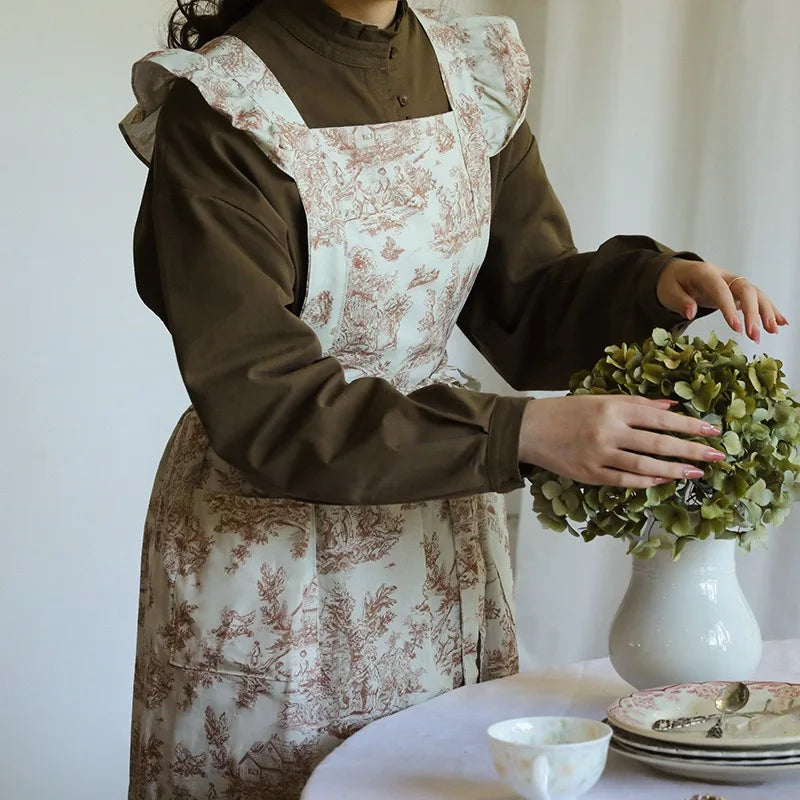 Long Print Water-resistant Cotton Ruffled Kitchen Apron with Pockets for Women Cross-back Pinafore for Cooking Baking Gardening