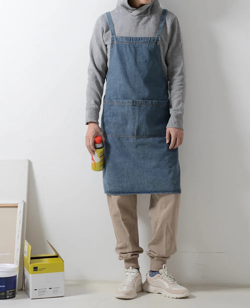 Denim Apron Cotton Korean Canvas Antifouling Home Cleaning Kitchen Cooking Work Clothes Barber Apron Leisure Gardening Baking