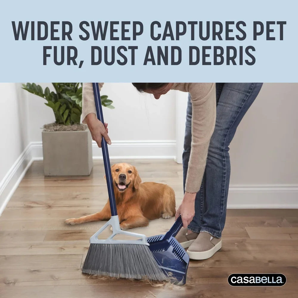 Power Core Broom with Dustpan Integrated Scraper Rubber Lip Long Handle Effective Cleaning Durable Bristles Pet Hair Removal
