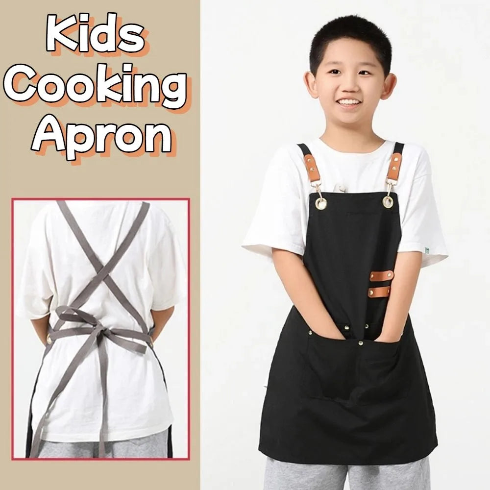 Minimalist Children's Canvas Apron Lightweight Solid Color Cooking Apron Adjustable Oil-proof Chef Costume Baking