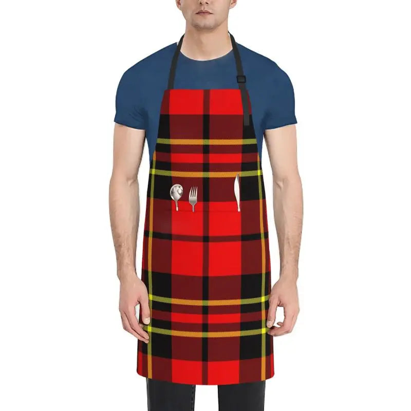 Red Black Tartan Check Scottish Pattern Apron Adjustable Bib Aprons Cooking Chef Apron for Home Kitchen Restaurant Coffee House