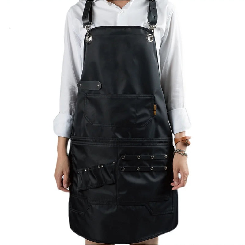 Custom Logo Waterproof Bibs Coffee Shop Hairdresser Slit Overall Chef Adjustable Beauty Nail Salon Barber Leather Straps Apron