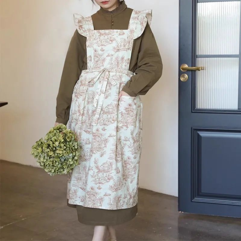 Long Print Water-resistant Cotton Ruffled Kitchen Apron with Pockets for Women Cross-back Pinafore for Cooking Baking Gardening