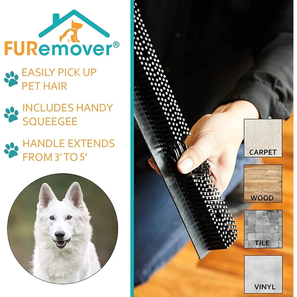 Telescopic Rubber Broom Pet Hair Remover with Squeegee Natural Bristles Carpets Rugs and Hardwood Floors Cleaning