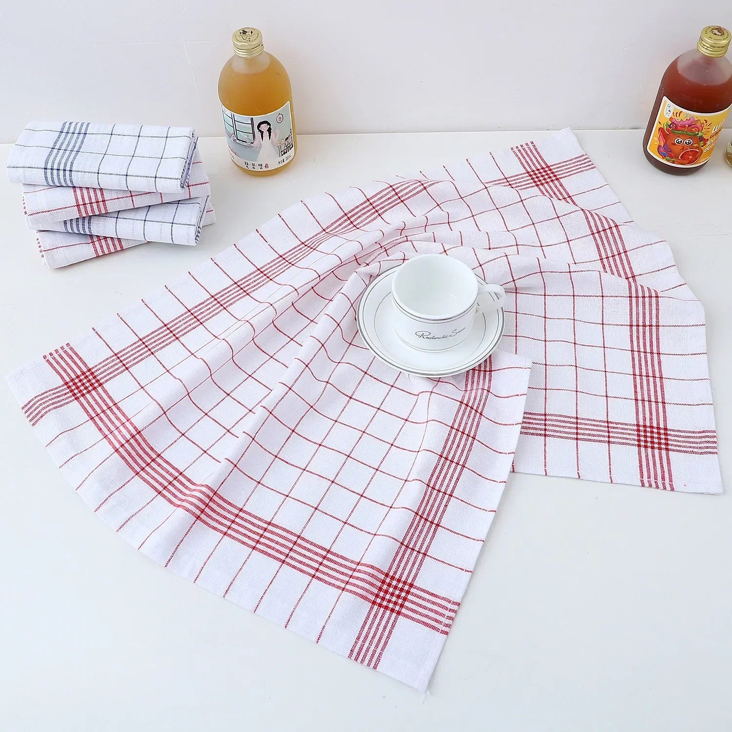 Large Plaid Kitchen Dish Towels Tea Towels Soft and Reusable Cleaning Cloths Quick Drying Dish Rags for Washing Dishes