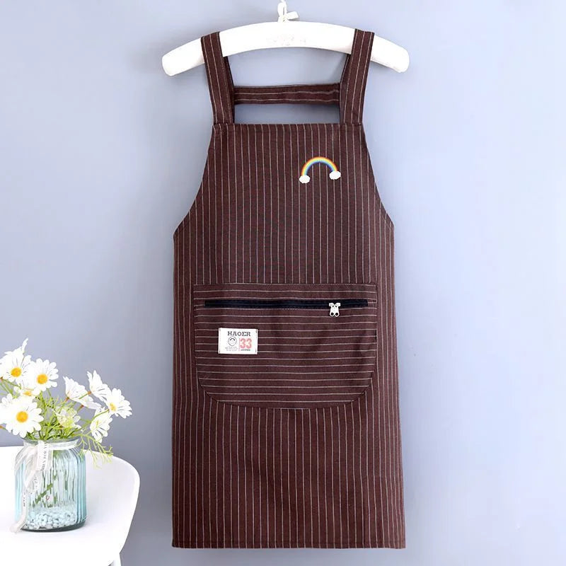 Kitchen Oil Resistant Aprons Striped Zippered Cotton Apron With Straps Breathable Apron Women's Dirt Resistant Work Clothes