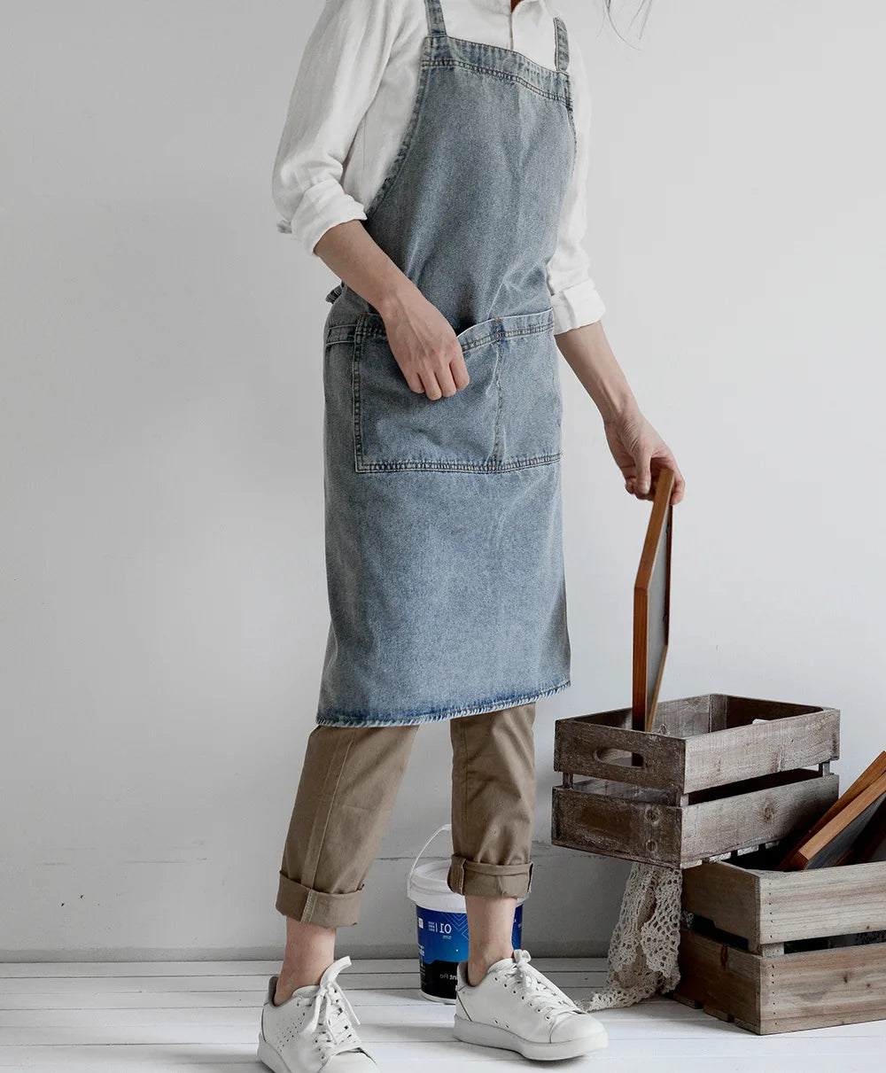 Denim Apron Cotton Korean Canvas Antifouling Home Cleaning Kitchen Cooking Work Clothes Barber Apron Leisure Gardening Baking