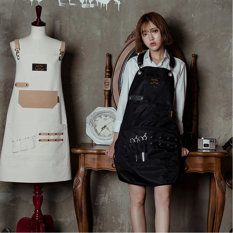 Custom Logo Waterproof Bibs Coffee Shop Hairdresser Slit Overall Chef Adjustable Beauty Nail Salon Barber Leather Straps Apron