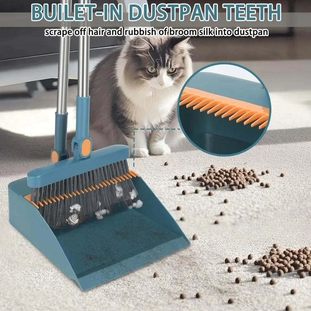 Broom and Dustpan Combo Set, Long Handled Adjustable Broom and Dustpan Set for Sweeping Home,Indoor Kitchen, Office Lobby Floor