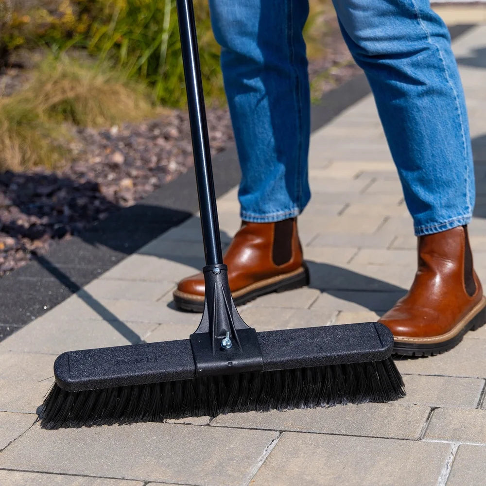 Heavy Duty Multi Surface Push Broom with Steel Handle Cleaning Concrete Brick Wood Stone and More Recycled Bristles