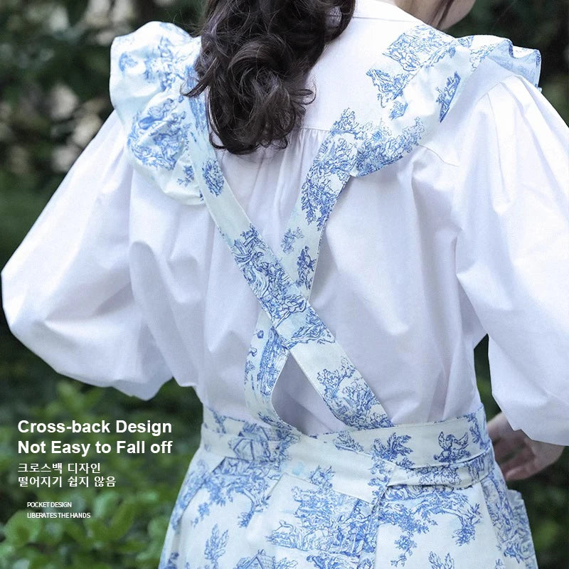 Long Print Water-resistant Cotton Ruffled Kitchen Apron with Pockets for Women Cross-back Pinafore for Cooking Baking Gardening