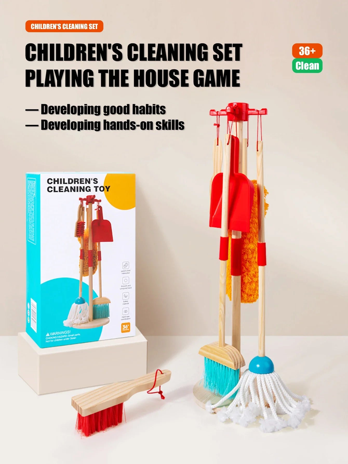 Montessori Wooden Cleaning Set Toy Broom Mop Set Little Boy Girl Simulated Children's Cleaning Tool Exercise Self-care Ability
