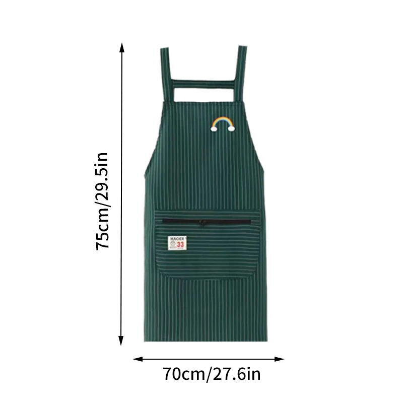 Kitchen Oil Resistant Aprons Striped Zippered Cotton Apron With Straps Breathable Apron Women's Dirt Resistant Work Clothes