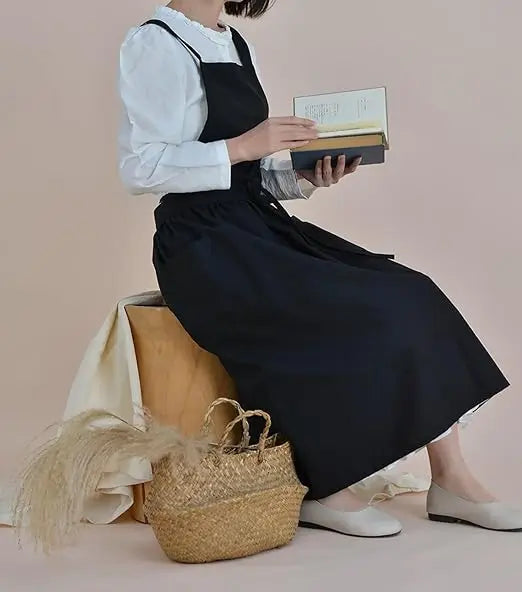 Brief Nordic Wind Pleated Skirt Cotton Linen Apron Women Girls Vintage Apron Gardening Works Cross Back Pinafore Dress