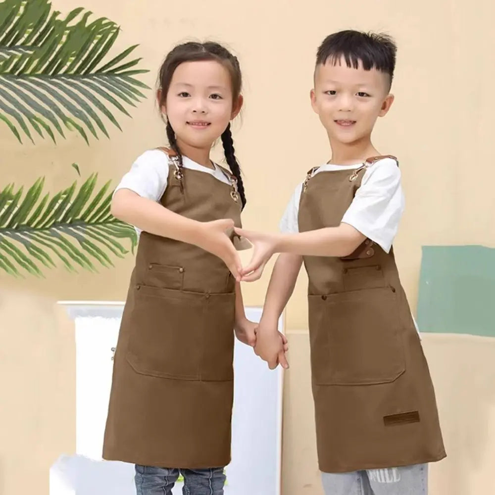 Minimalist Children's Canvas Apron Lightweight Solid Color Cooking Apron Adjustable Oil-proof Chef Costume Baking