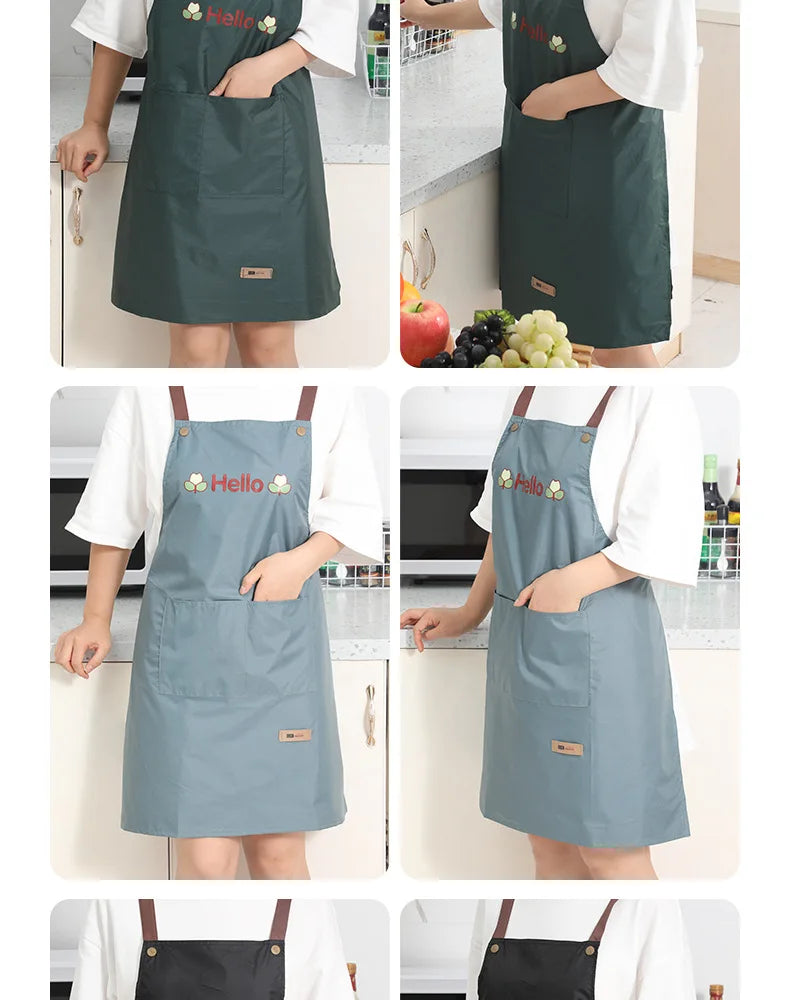 Hello Letter Printed Waterproof Apron Kitchen Cooking Home Large Pocket Storage Baking Shoulder Aprons Hotel Specific Practical