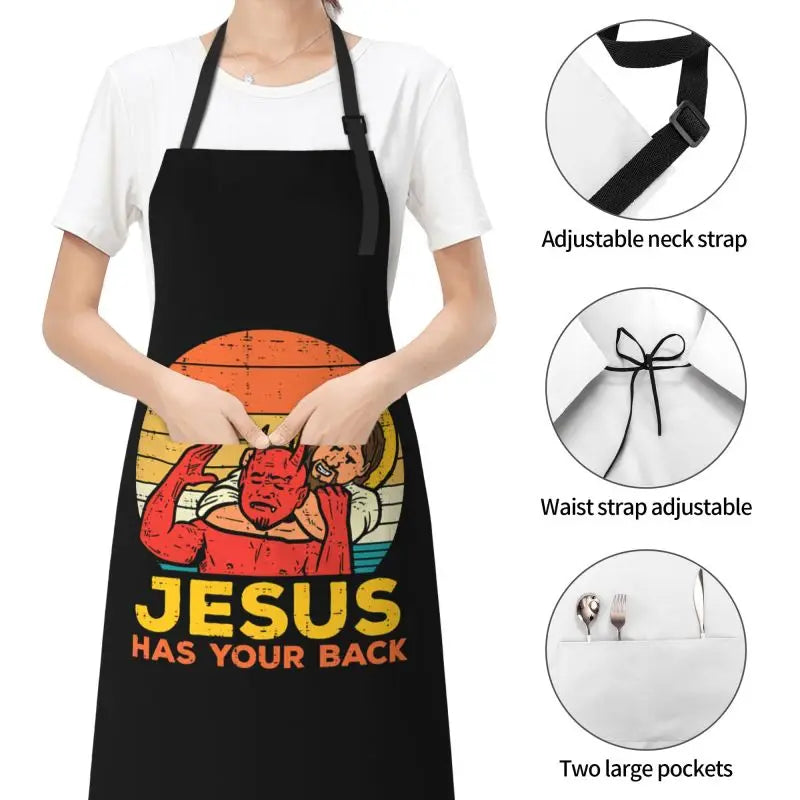 Jesus Has Your Back Jiu Jitsu Retro Christian Apron Waterproof Stain Resistant Apron with 2 Pockets for Cooking BBQ Painting