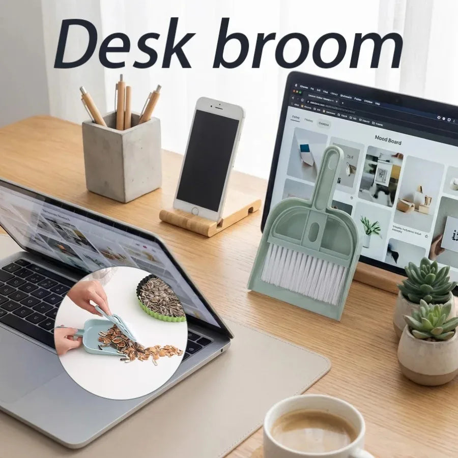 Mini Plastic Broom & Dustpan Set | Covered Desktop Cleaning Brush | Office Home Countertop Tidy Tool