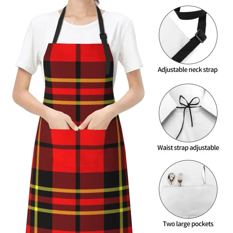 Red Black Tartan Check Scottish Pattern Apron Adjustable Bib Aprons Cooking Chef Apron for Home Kitchen Restaurant Coffee House