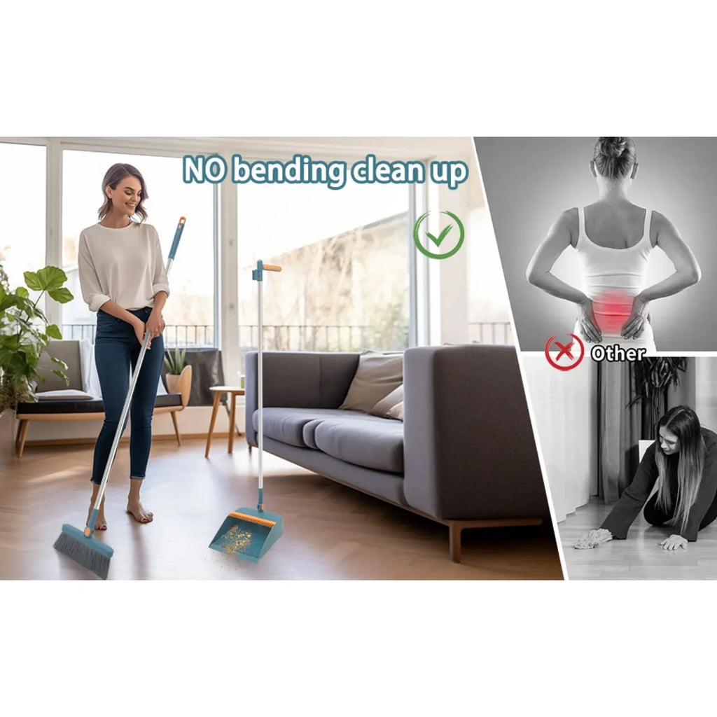 Broom and Dustpan Combo Set, Long Handled Adjustable Broom and Dustpan Set for Sweeping Home,Indoor Kitchen, Office Lobby Floor