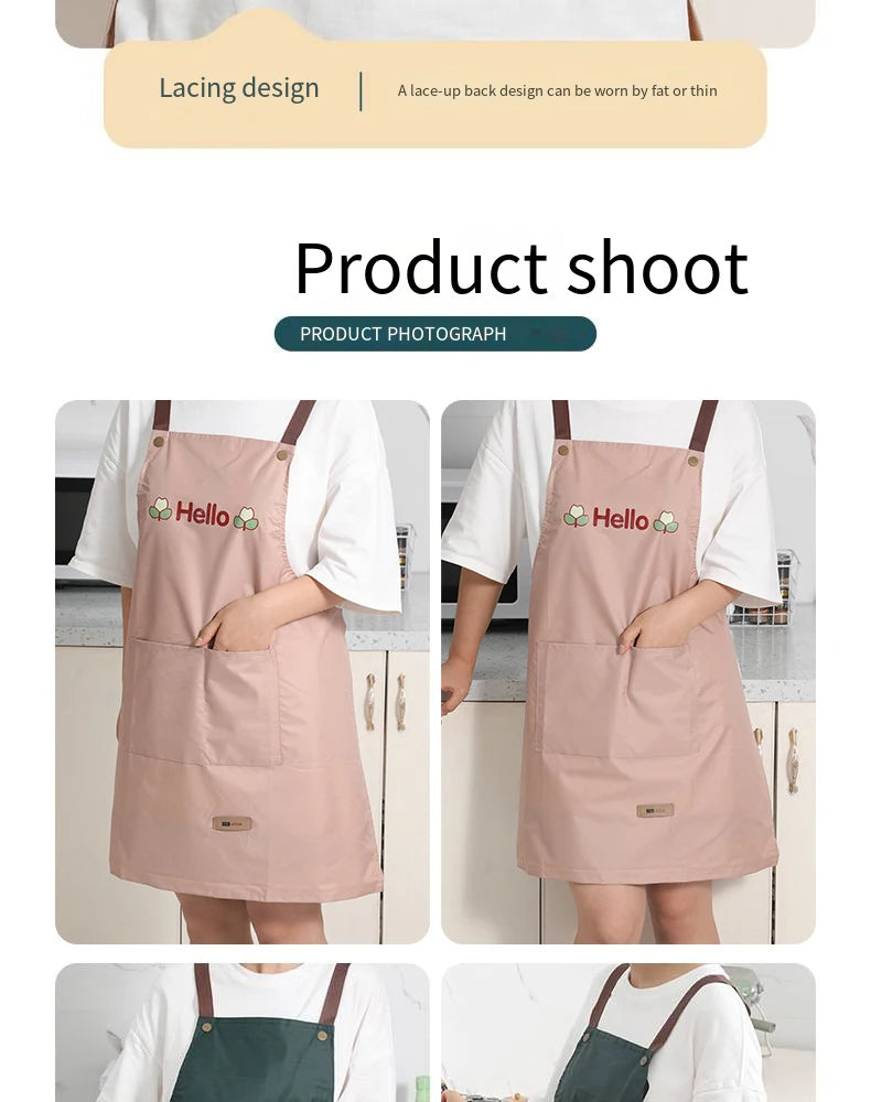 Hello Letter Printed Waterproof Apron Kitchen Cooking Home Large Pocket Storage Baking Shoulder Aprons Hotel Specific Practical